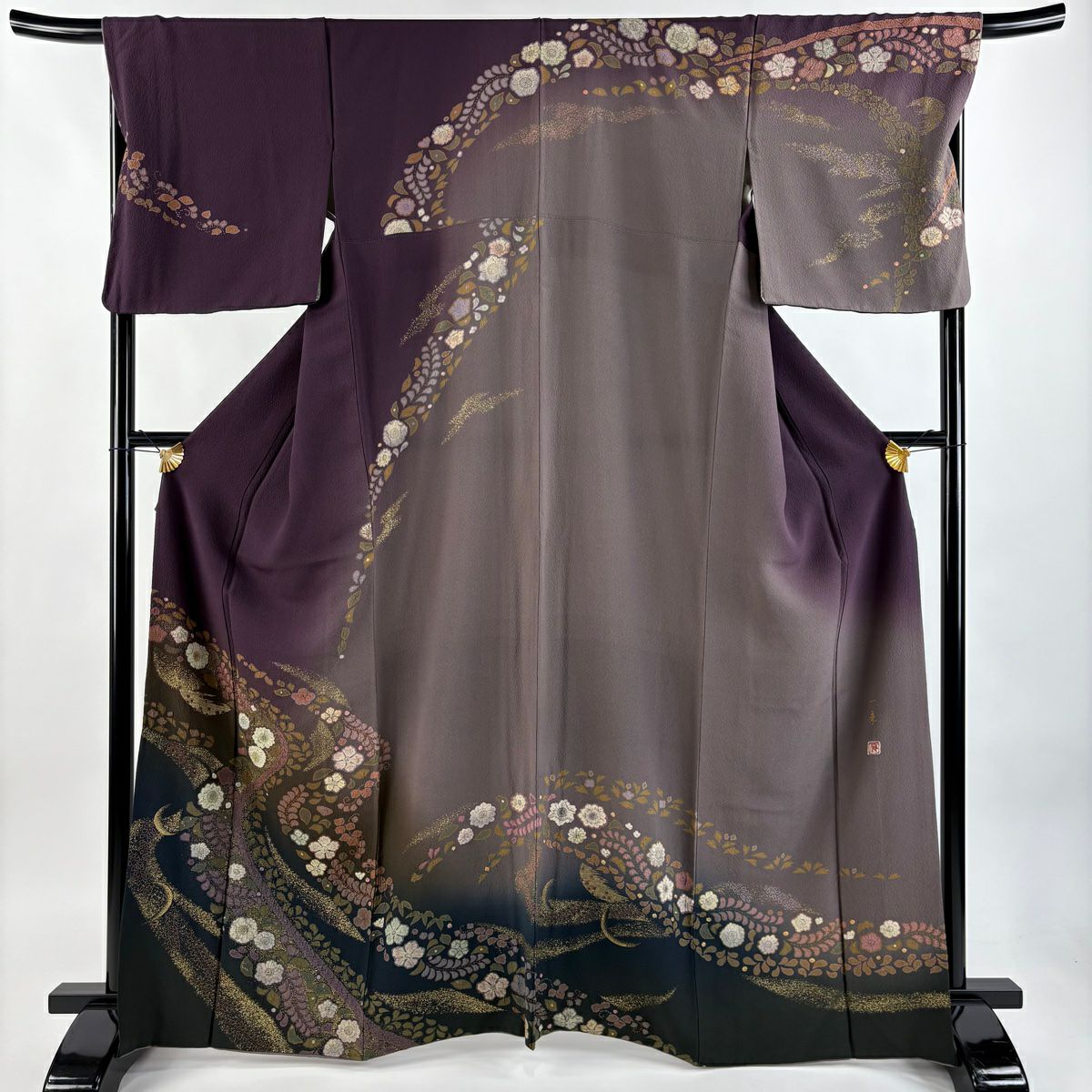 訪問服 身長165.5cm 袖長69cm L 雙層 吉乃一廉 落款あり 辻花染 流水 金彩裝飾 染分 濃紫 純蠶絲 逸品級