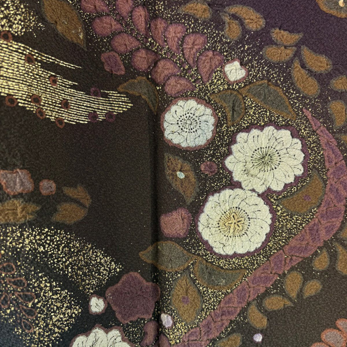 訪問服 身長165.5cm 袖長69cm L 雙層 吉乃一廉 落款あり 辻花染 流水 金彩裝飾 染分 濃紫 純蠶絲 逸品級