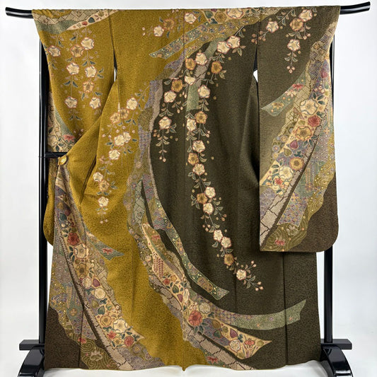 【美品】振袖禮服 身長168cm 袖長70cm L 雙層 草花紋紋 寶盡くし 金通し 金銀彩 山吹茶 純蠶絲 逸品級