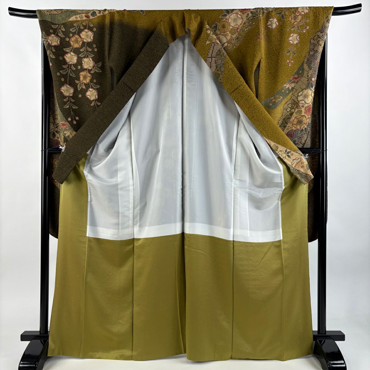 【美品】振袖禮服 身長168cm 袖長70cm L 雙層 草花紋紋 寶盡くし 金通し 金銀彩 山吹茶 純蠶絲 逸品級