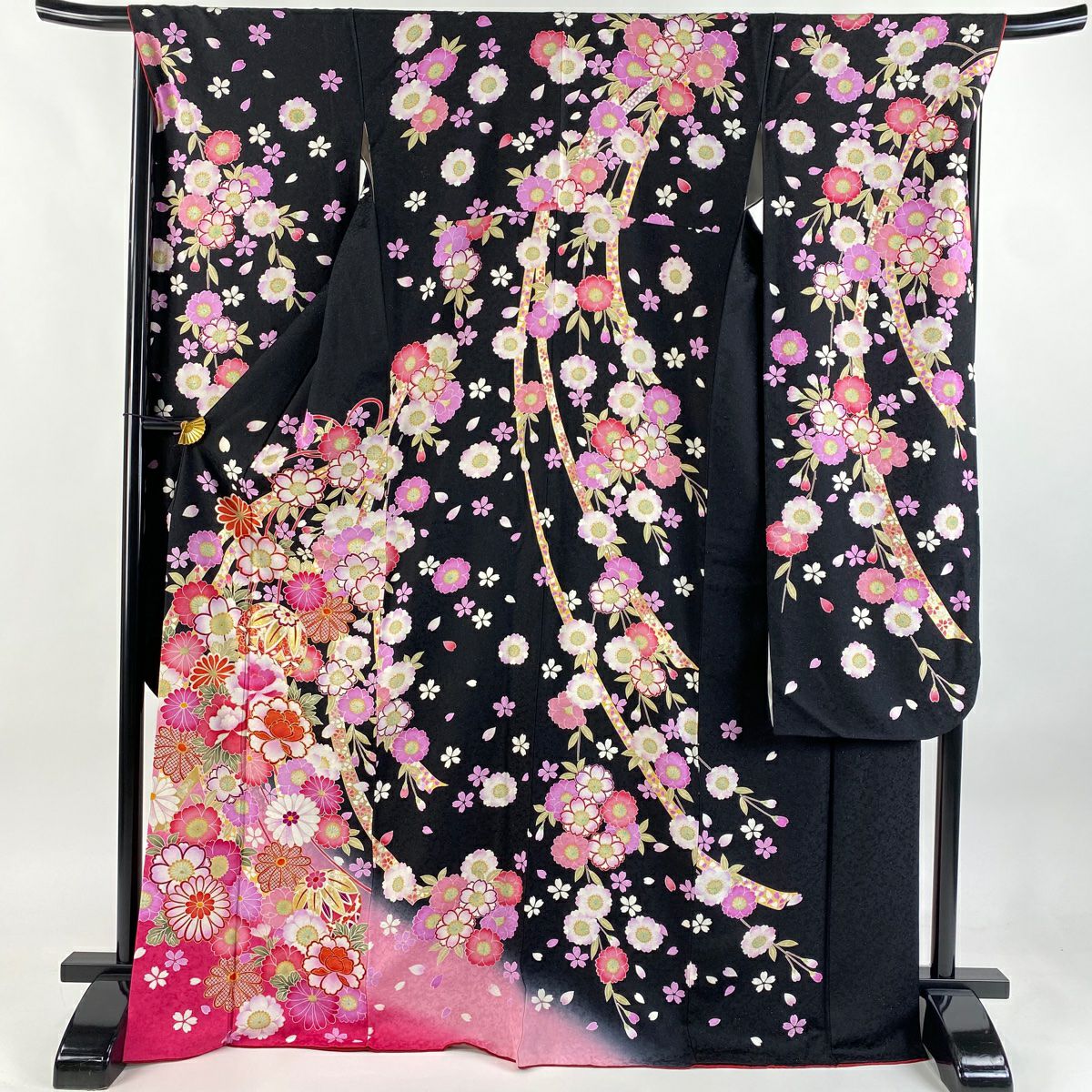 【美品】振袖禮服 身長172.5cm 袖長69.5cm L 雙層 草花紋紋 手毬 銀通し 漸層 黑 純蠶絲 逸品級