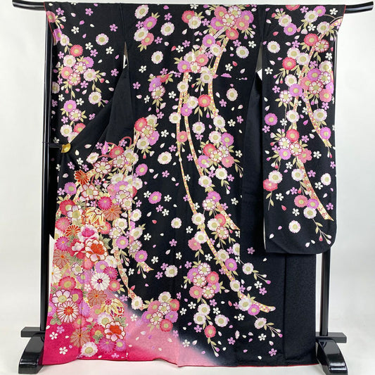 【美品】振袖禮服 身長172.5cm 袖長69.5cm L 雙層 草花紋紋 手毬 銀通し 漸層 黑 純蠶絲 逸品級