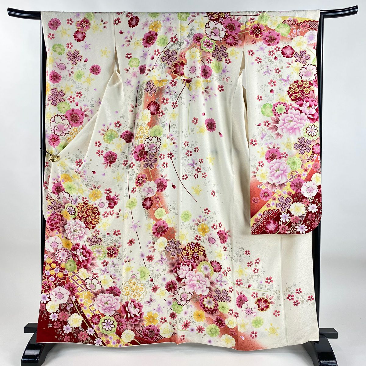 振袖禮服 身長164.5cm 袖長67cm M 雙層 牡丹 櫻花 刺繡 銀通し 奶油色 純蠶絲 逸品級