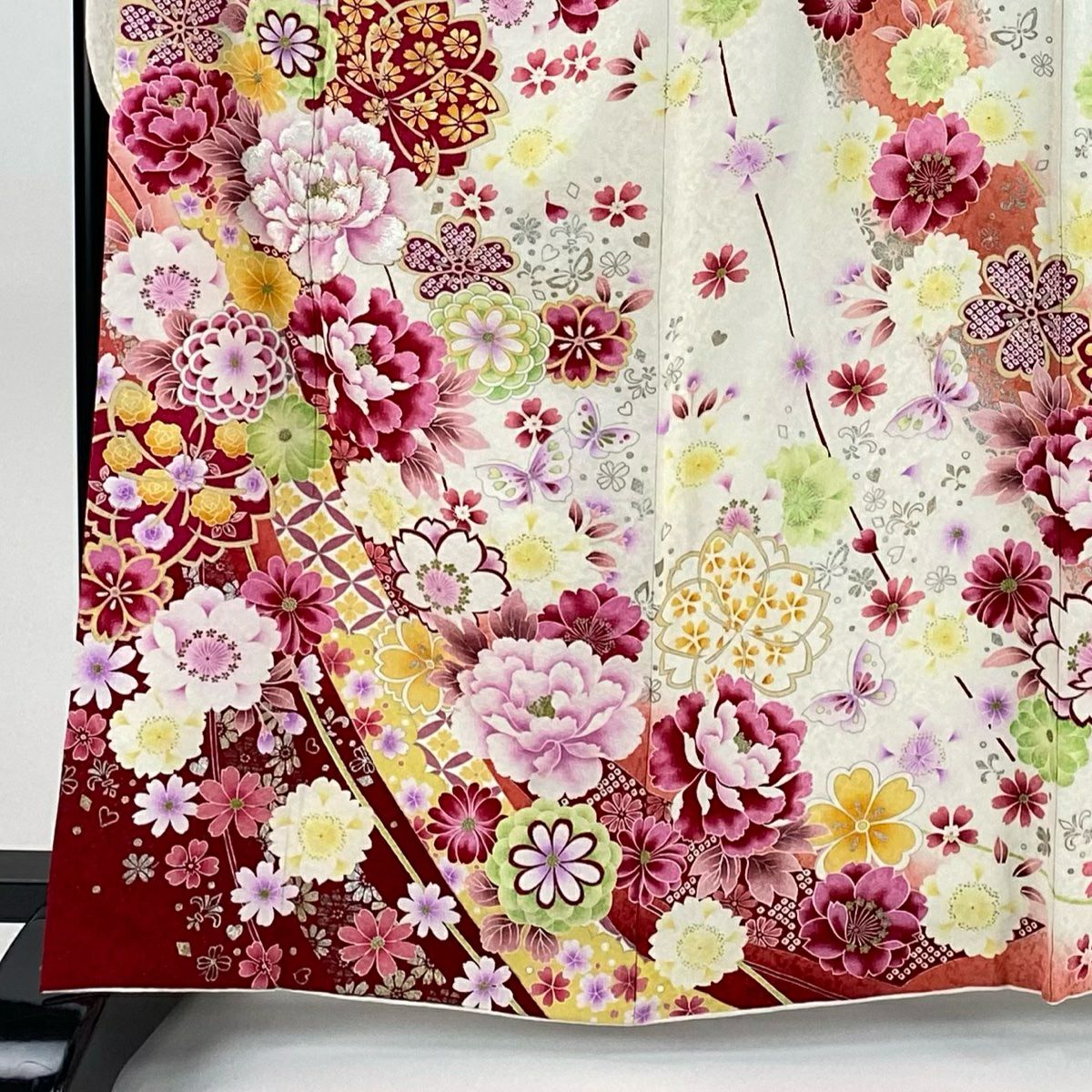 振袖禮服 身長164.5cm 袖長67cm M 雙層 牡丹 櫻花 刺繡 銀通し 奶油色 純蠶絲 逸品級