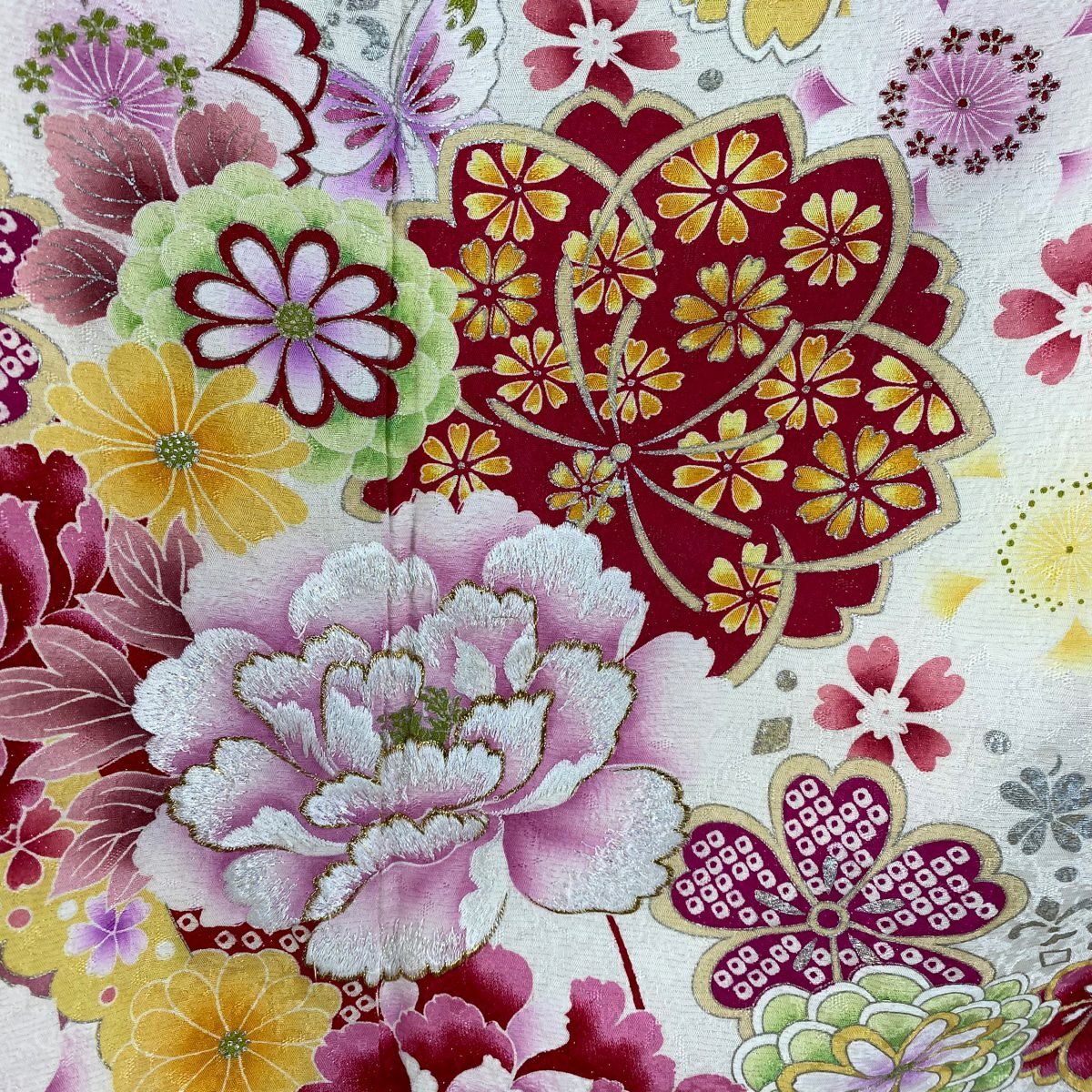 振袖禮服 身長164.5cm 袖長67cm M 雙層 牡丹 櫻花 刺繡 銀通し 奶油色 純蠶絲 逸品級