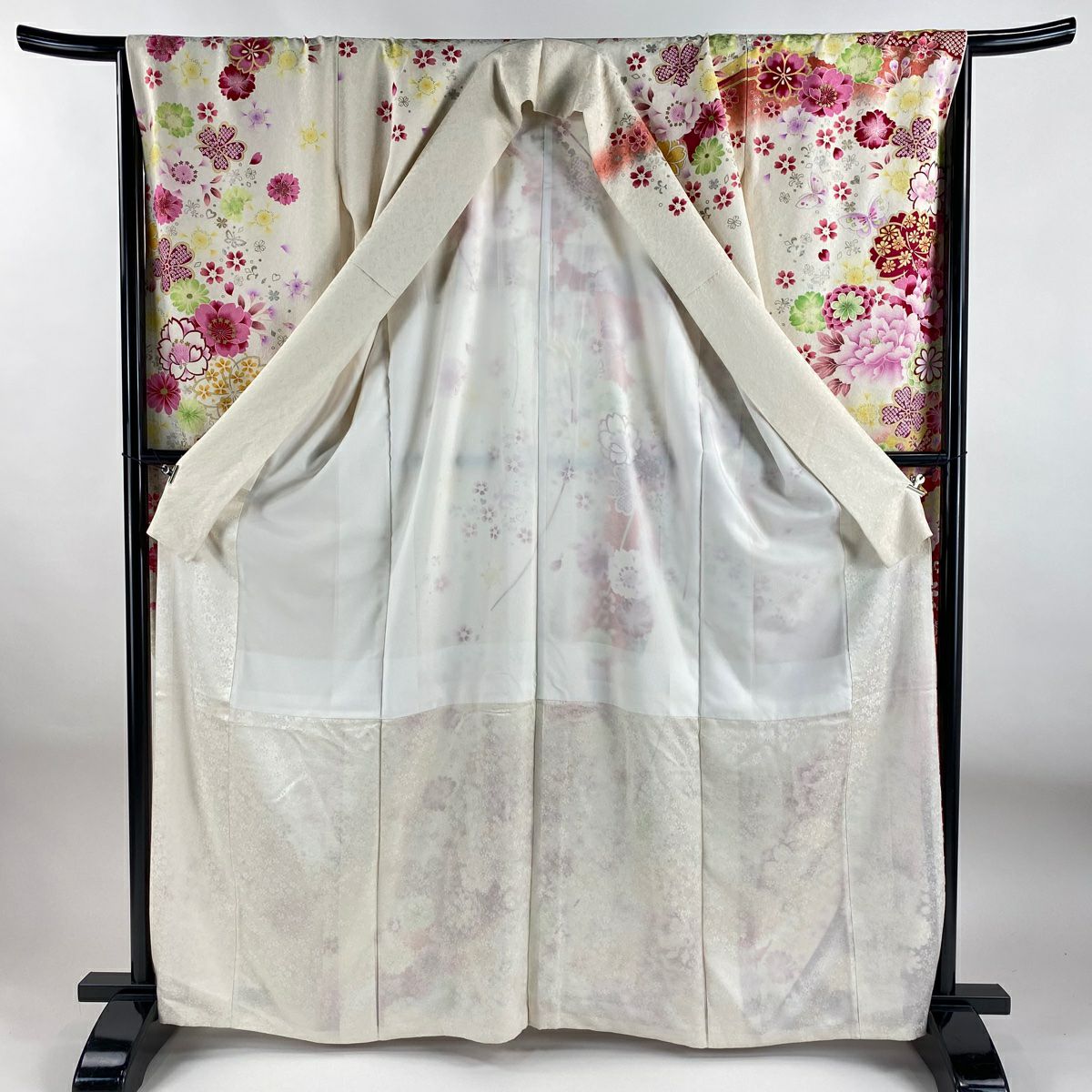 振袖禮服 身長164.5cm 袖長67cm M 雙層 牡丹 櫻花 刺繡 銀通し 奶油色 純蠶絲 逸品級