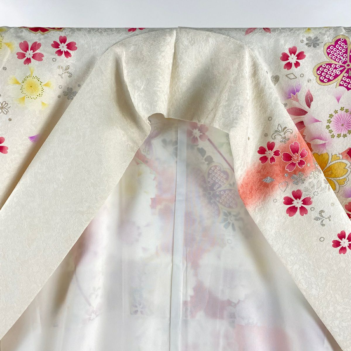 振袖禮服 身長164.5cm 袖長67cm M 雙層 牡丹 櫻花 刺繡 銀通し 奶油色 純蠶絲 逸品級