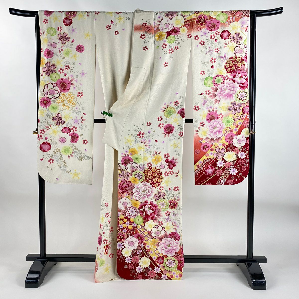 振袖禮服 身長164.5cm 袖長67cm M 雙層 牡丹 櫻花 刺繡 銀通し 奶油色 純蠶絲 逸品級