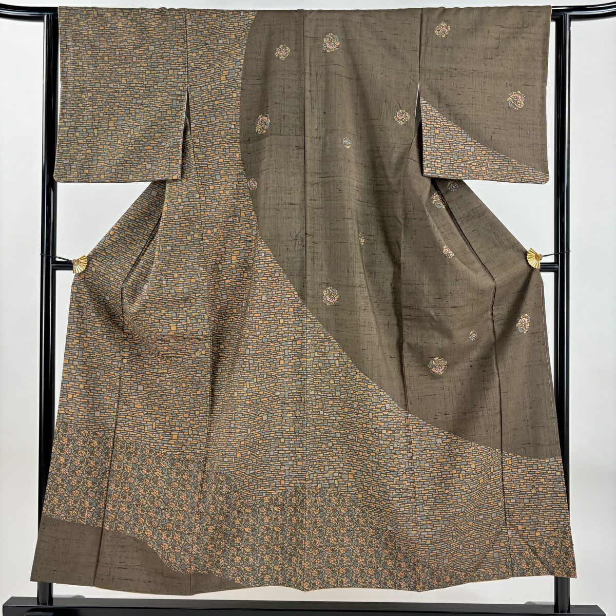 【庫存清倉】訪問服 身長152.5cm 袖長63.5cm S 雙層 紬織織 花唐草紋 幾何圖案 灰茶 純蠶絲 名品級