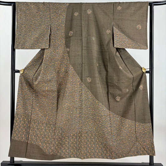 【庫存清倉】訪問服 身長152.5cm 袖長63.5cm S 雙層 紬織織 花唐草紋 幾何圖案 灰茶 純蠶絲 名品級