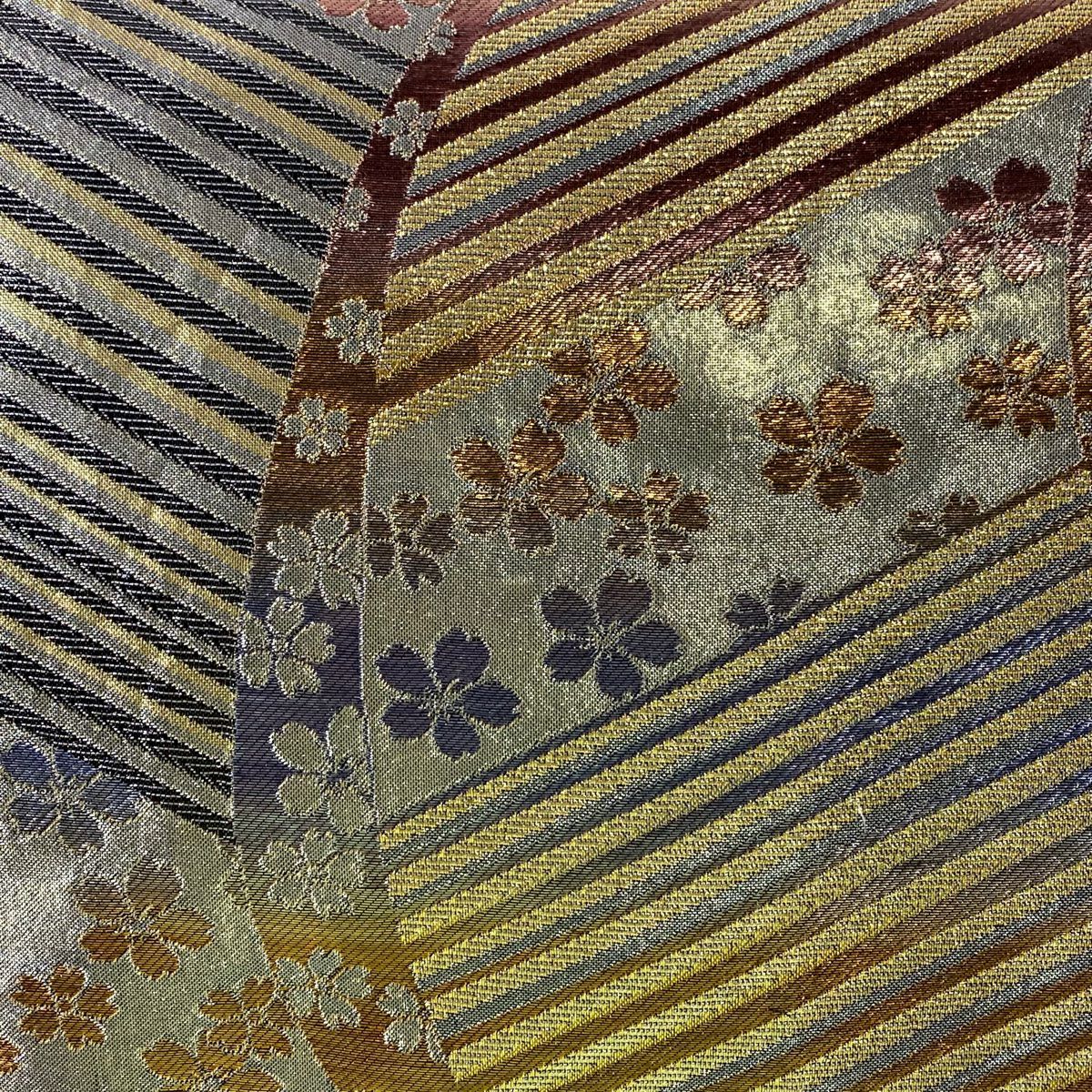 袋帶 秀品級 櫻花 斜紋 金金箔 銀線 銀色 六通 純蠶絲