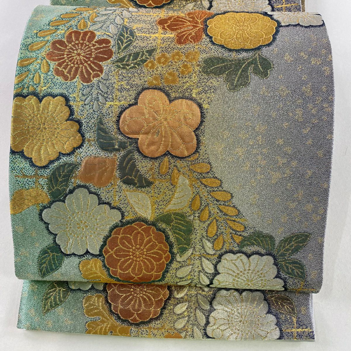 【美品】 袋帶 秀品級 椿 櫻花 金銀彩 金金箔 淺綠 六通 純蠶絲