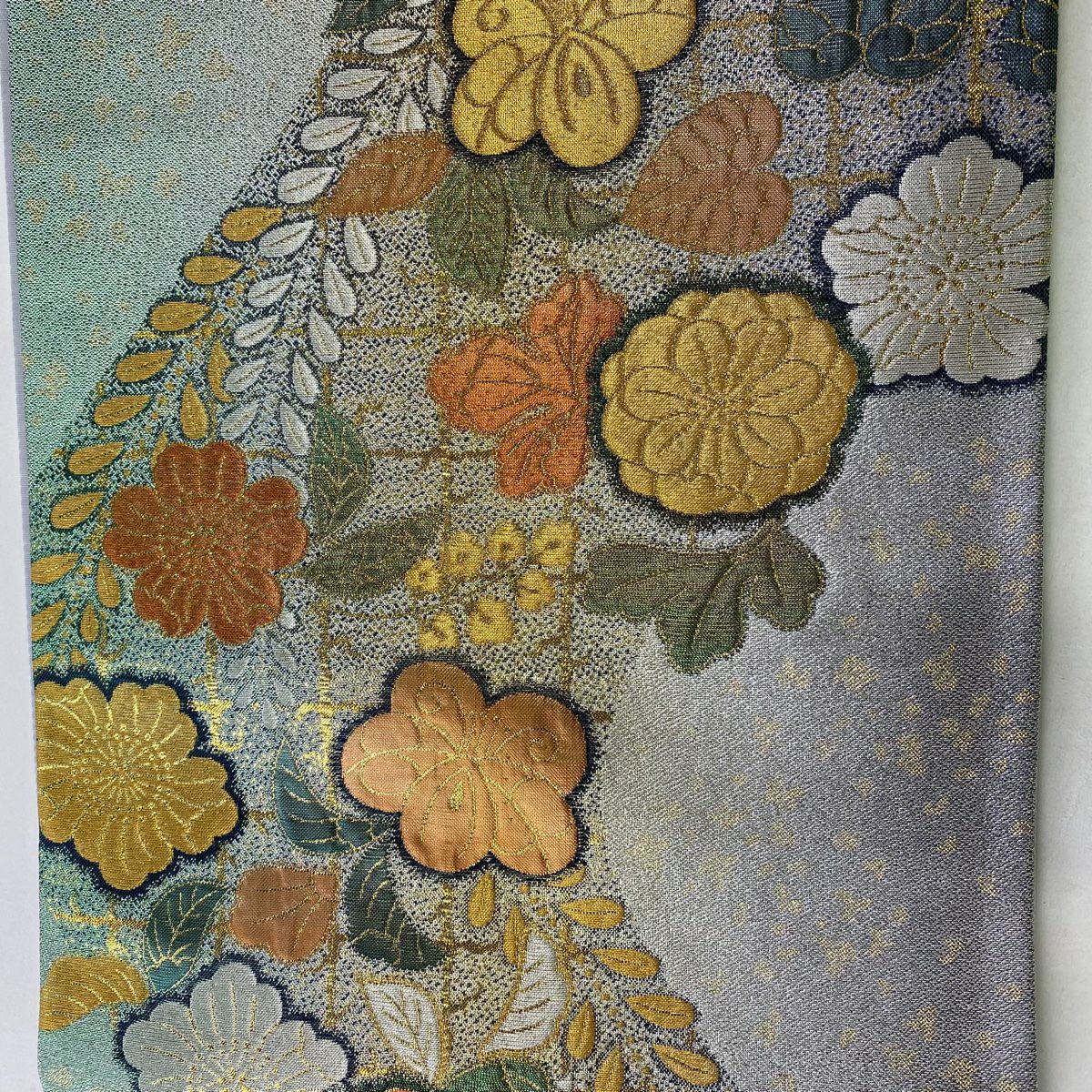 【美品】 袋帶 秀品級 椿 櫻花 金銀彩 金金箔 淺綠 六通 純蠶絲
