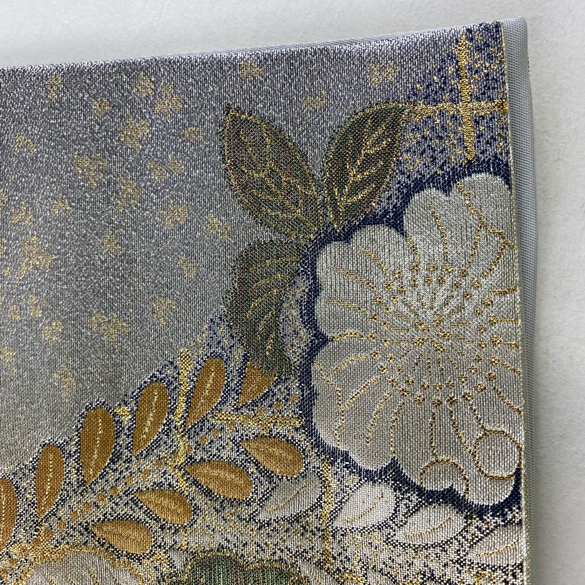 【美品】 袋帶 秀品級 椿 櫻花 金銀彩 金金箔 淺綠 六通 純蠶絲