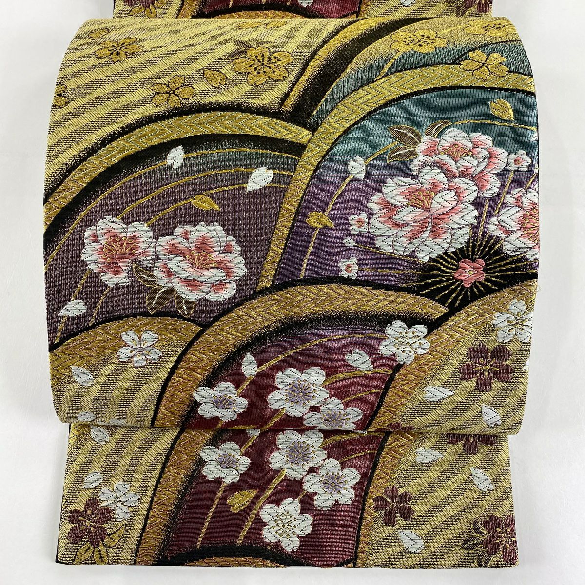 【美品】 袋帶 秀品級 樱花 波 金絲 刺繡 紫 六通 純蠶絲