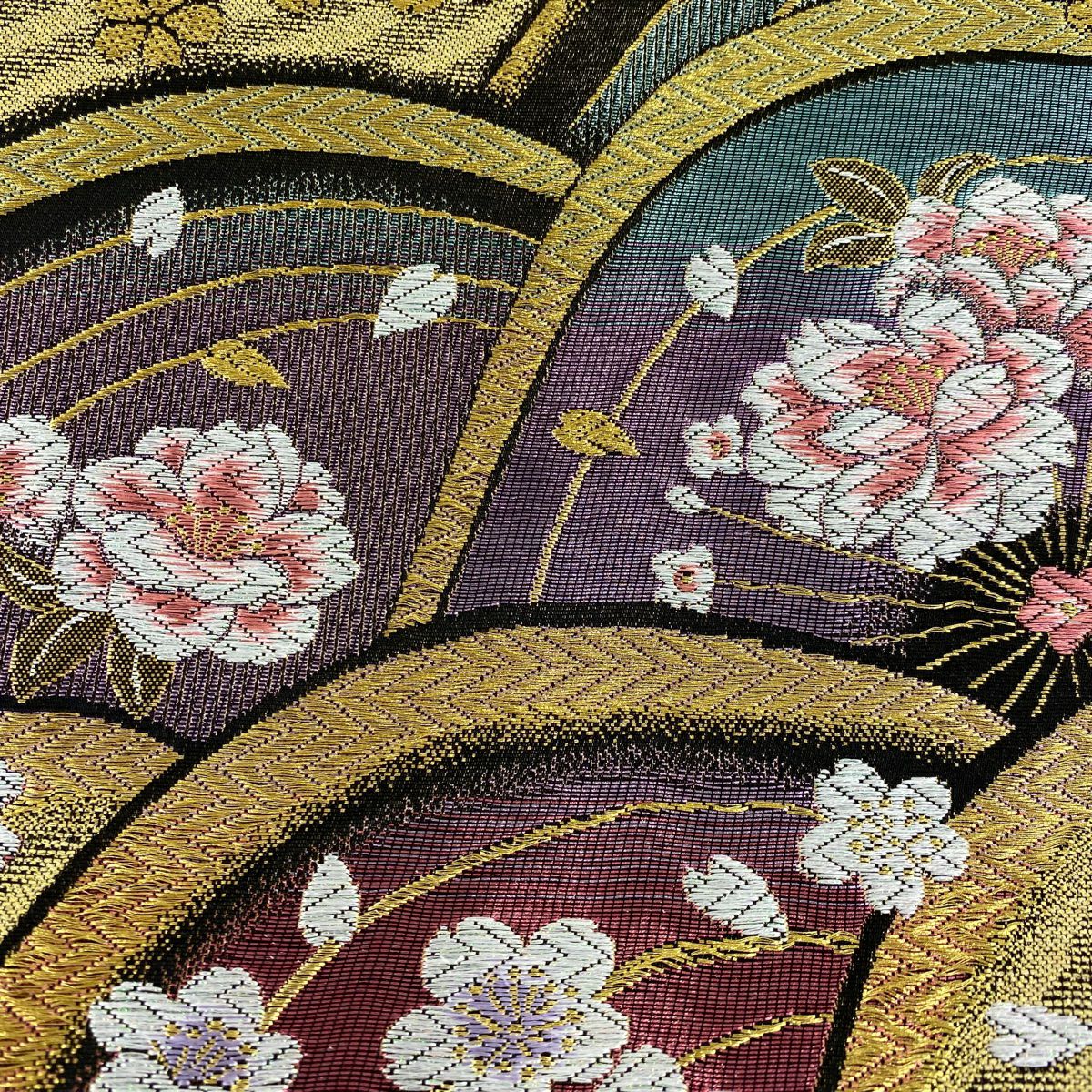 【美品】 袋帶 秀品級 樱花 波 金絲 刺繡 紫 六通 純蠶絲