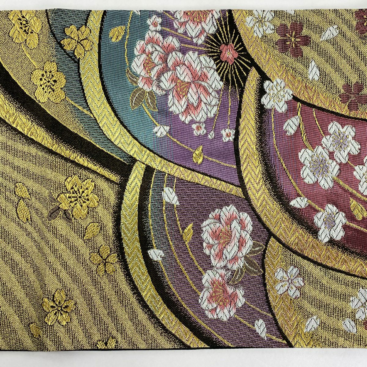 【美品】 袋帶 秀品級 樱花 波 金絲 刺繡 紫 六通 純蠶絲