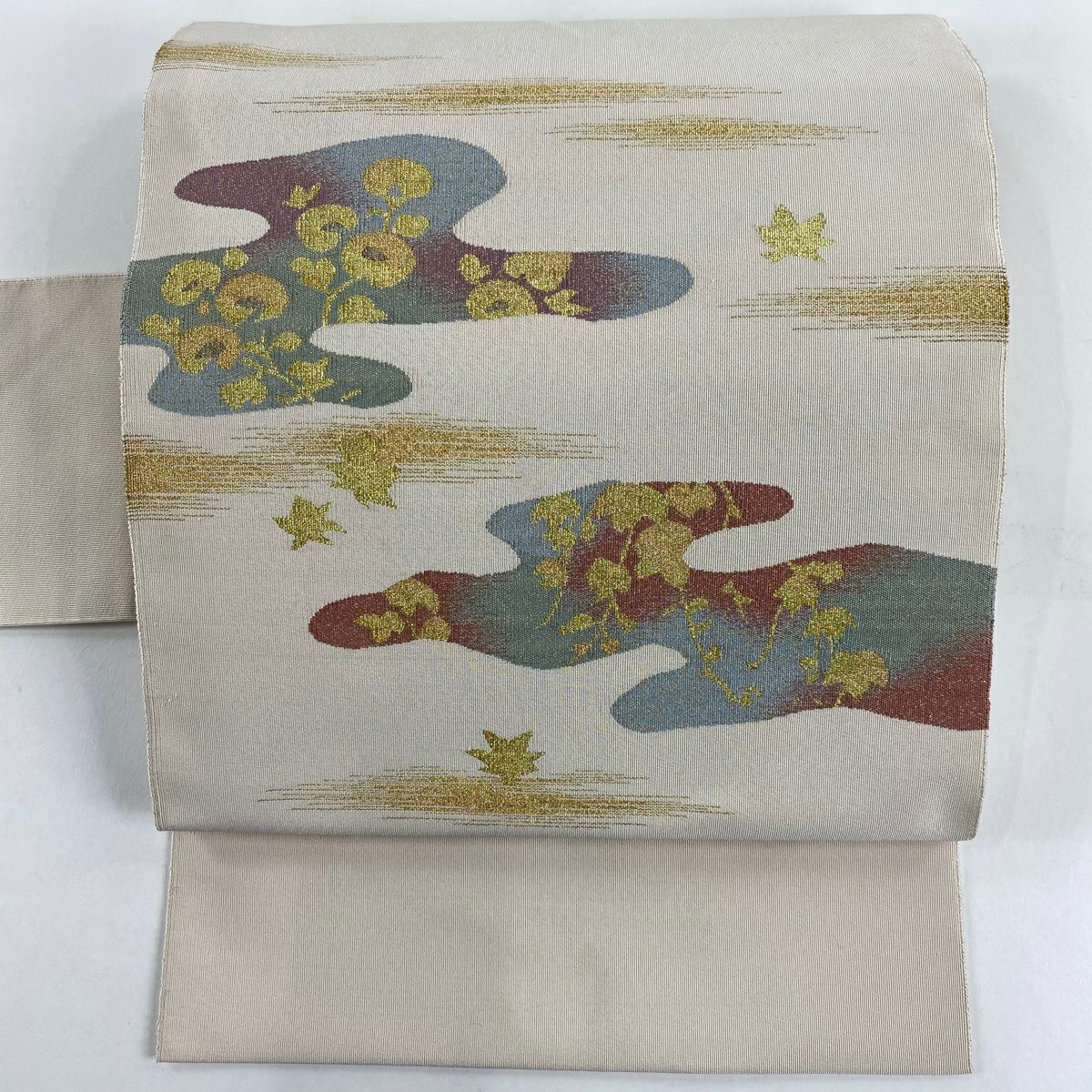 名古屋帶 秀品級 八寸名古屋帶 松樹葉仕立 霞 草花紋 金糸 綴れ 米色 純蠶絲