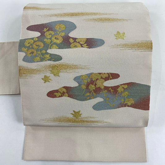 名古屋帶 秀品級 八寸名古屋帶 松樹葉仕立 霞 草花紋 金糸 綴れ 米色 純蠶絲