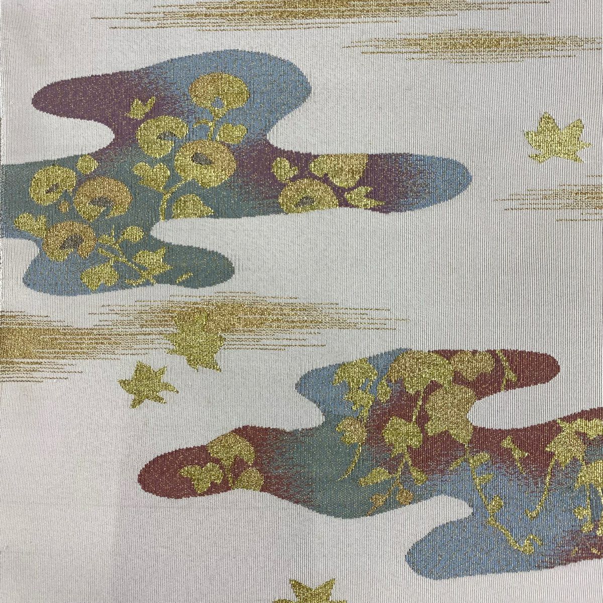 名古屋帶 秀品級 八寸名古屋帶 松樹葉仕立 霞 草花紋 金糸 綴れ 米色 純蠶絲