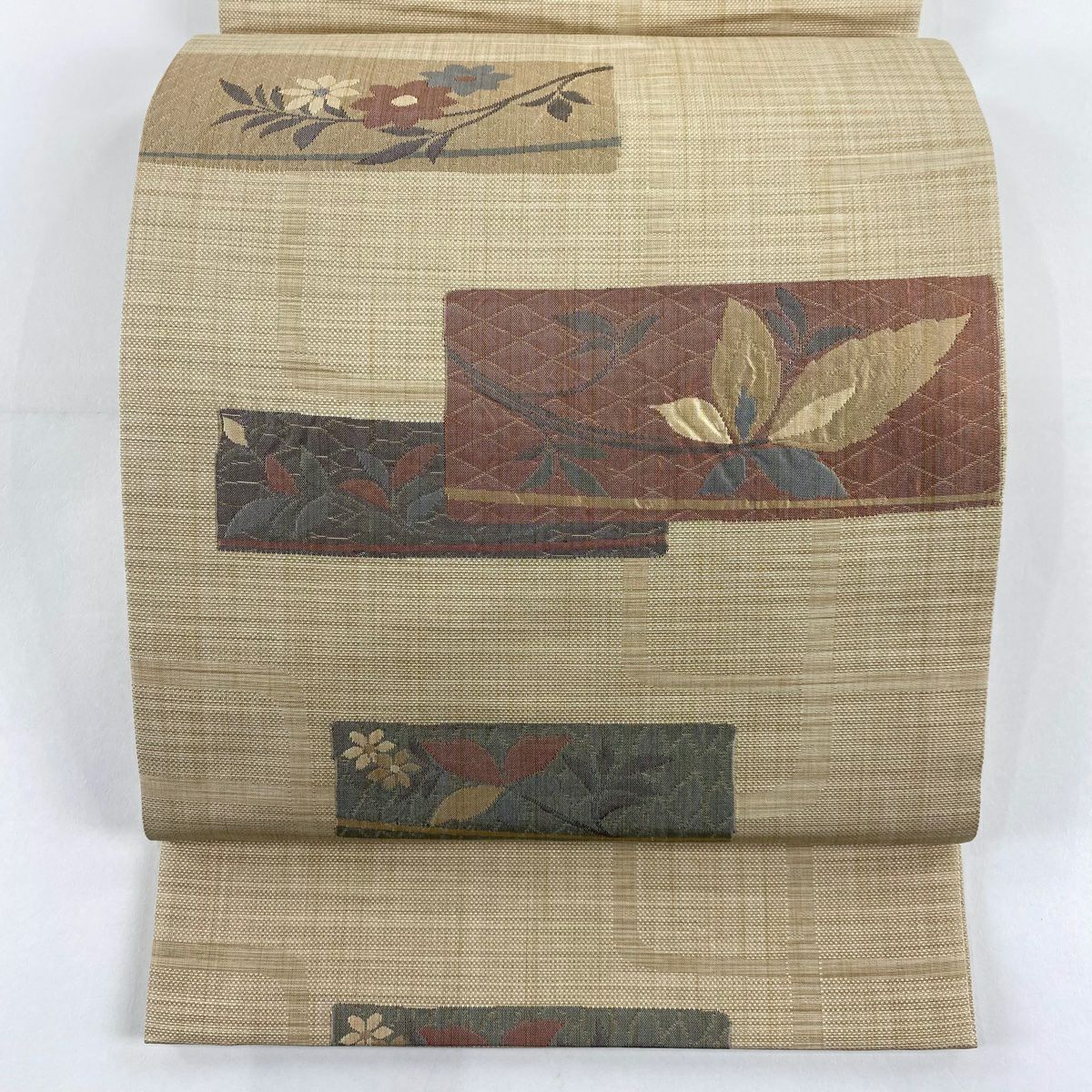 【美品】 袋帶 秀品級 證書齊全 紬織織 色紙 草花紋紋 米色 六通 純蠶絲