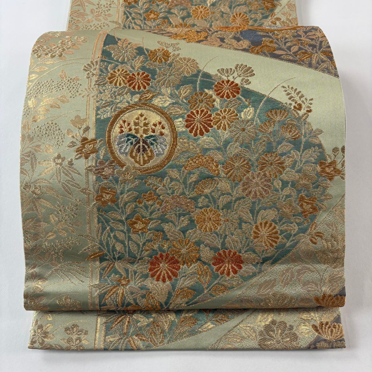 【美品】 袋帶 秀品級 桐 菊花 金銀彩 金金箔 抹茶 深藍 六通 純蠶絲