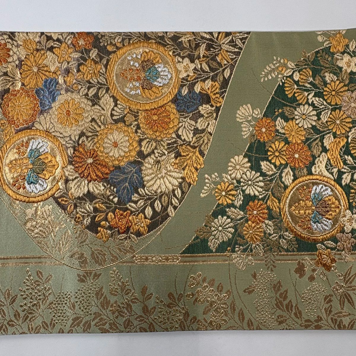 【美品】 袋帶 秀品級 桐 菊花 金銀彩 金金箔 抹茶 深藍 六通 純蠶絲