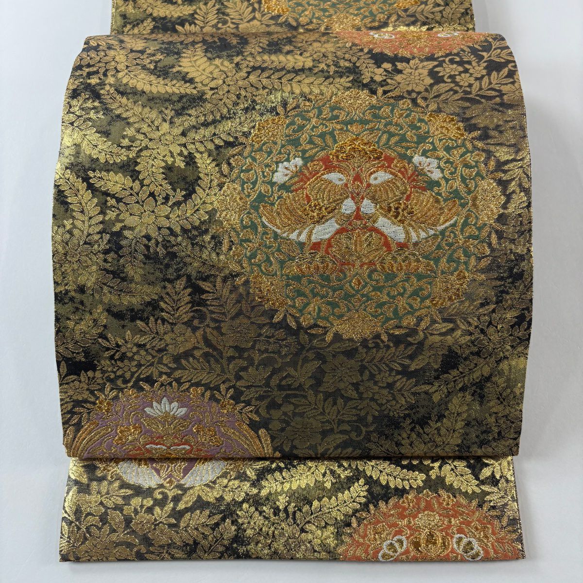 【美品】 袋帶 秀品級 向鳥 華紋 金絲 金金箔 金色 六通 純蠶絲