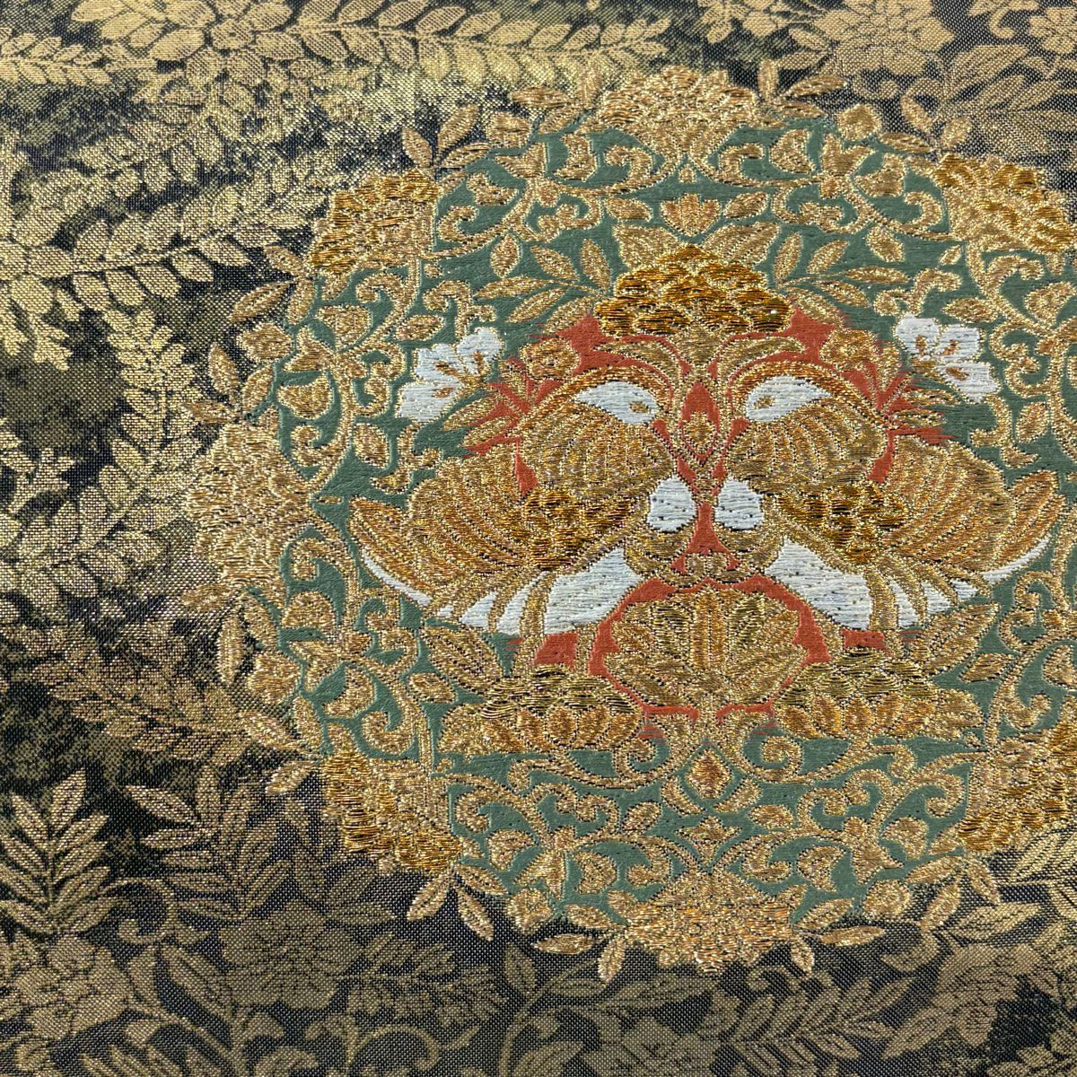 【美品】 袋帶 秀品級 向鳥 華紋 金絲 金金箔 金色 六通 純蠶絲