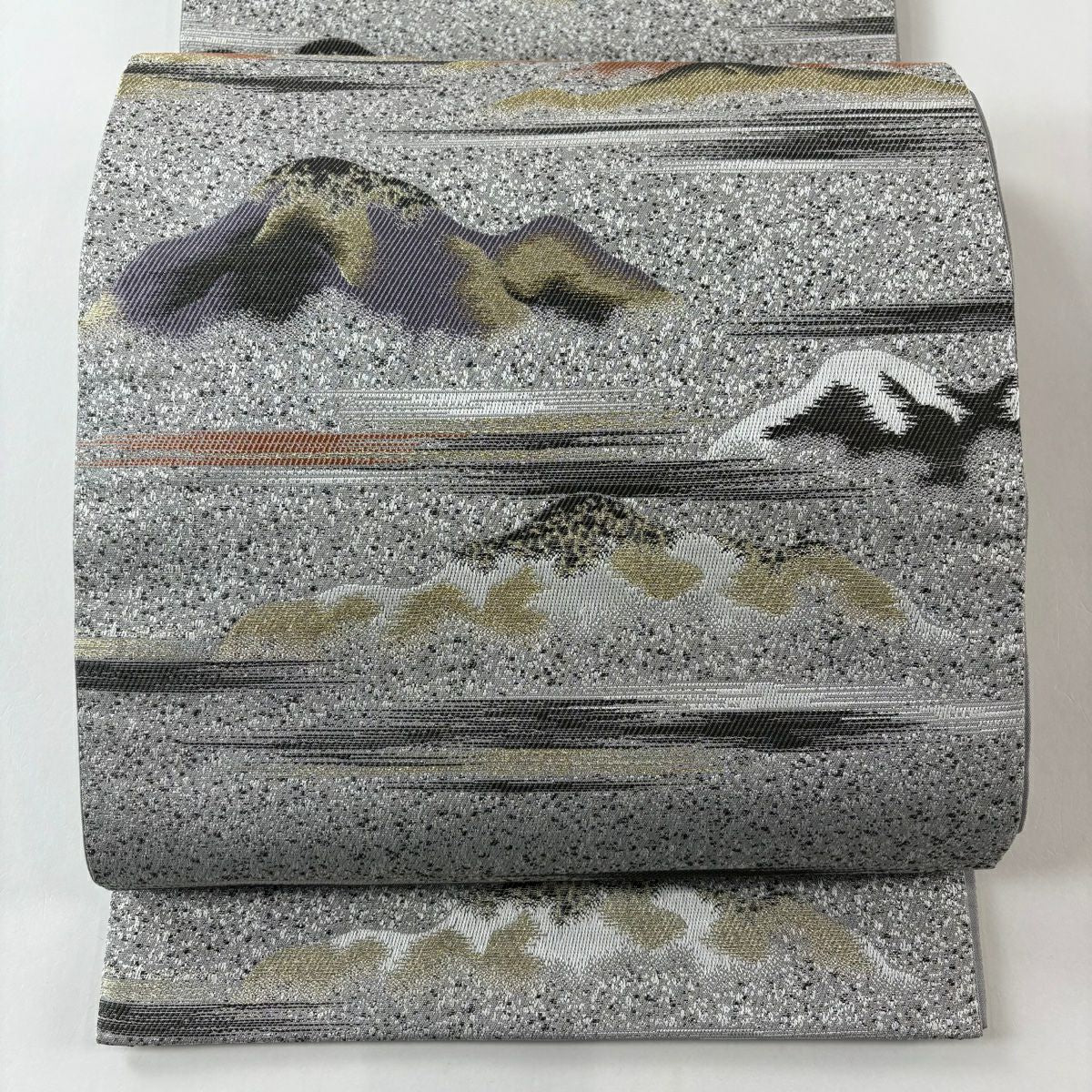 【美品】 袋帶 秀品級 山並 霞 金銀線 灰色 六通 純蠶絲
