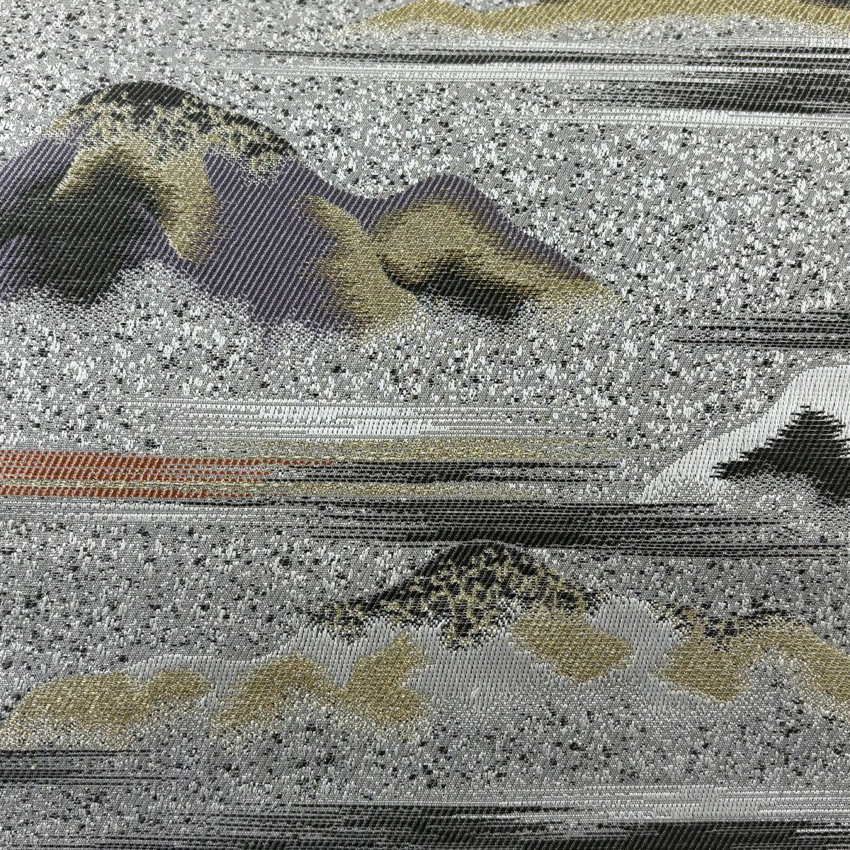 【美品】 袋帶 秀品級 山並 霞 金銀線 灰色 六通 純蠶絲