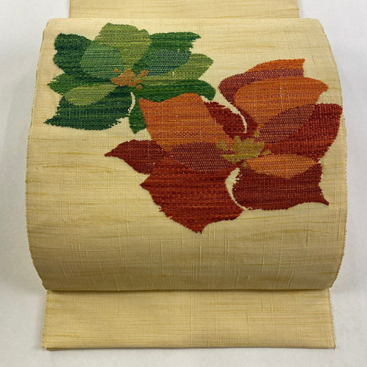 【美品】 名古屋帶 優品級 八寸名古屋帶 松樹葉仕立 草花紋紋 銀線 米色 純蠶絲