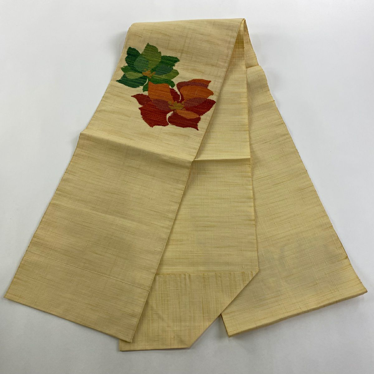 【美品】 名古屋帶 優品級 八寸名古屋帶 松樹葉仕立 草花紋紋 銀線 米色 純蠶絲
