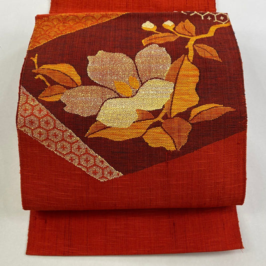 【美品】 名古屋帶 優品級 松樹葉仕立 八寸名古屋帶 草花紋紋 青海波 紅 純蠶絲
