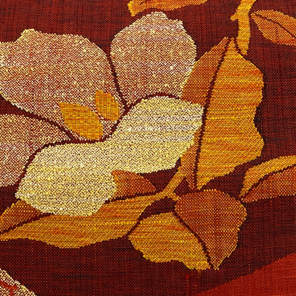 【美品】 名古屋帶 優品級 松樹葉仕立 八寸名古屋帶 草花紋紋 青海波 紅 純蠶絲