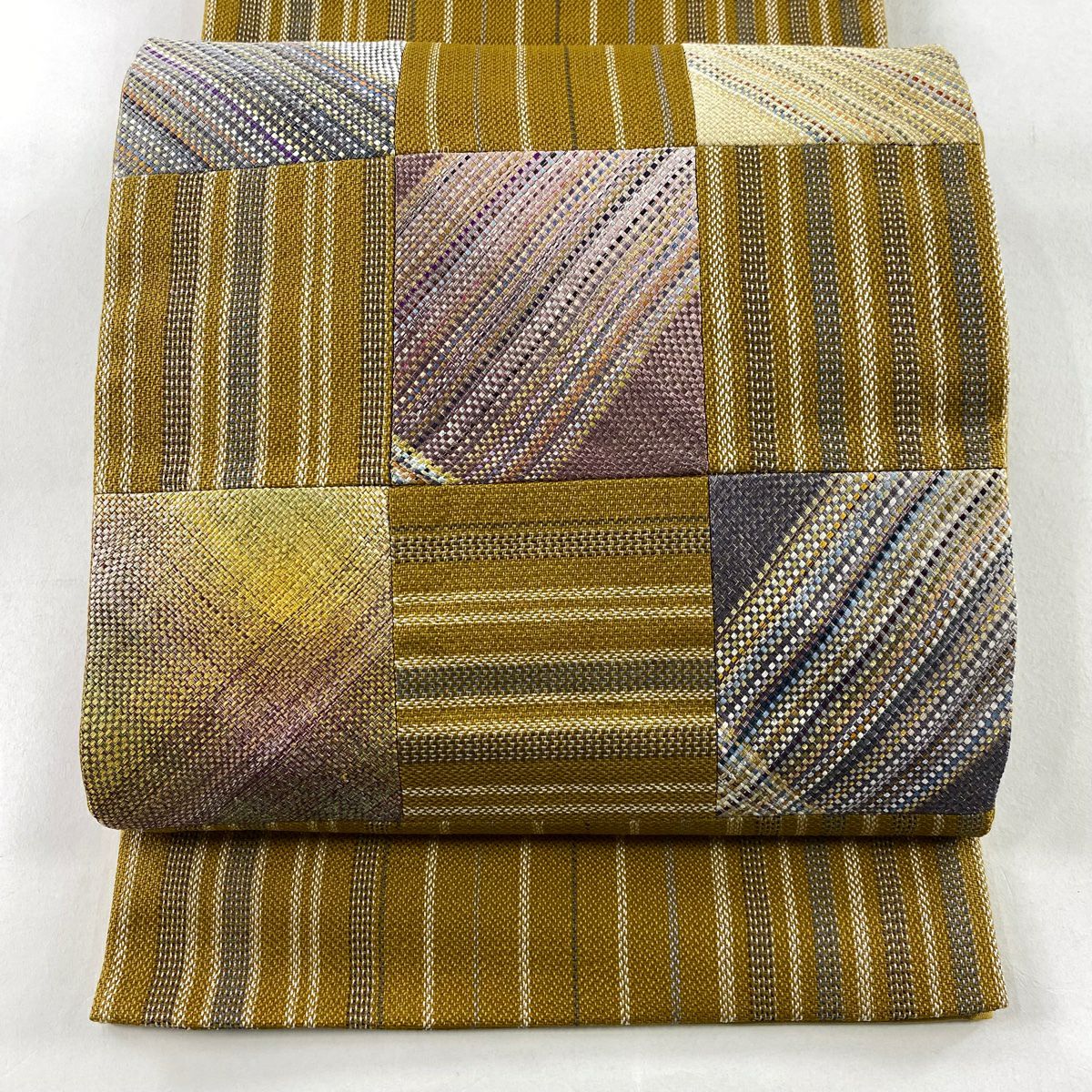 【美品】 袋帶 秀品級 市松樹市 縞 金銀彩 山吹茶 純蠶絲