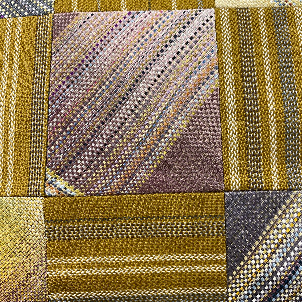 【美品】 袋帶 秀品級 市松樹市 縞 金銀彩 山吹茶 純蠶絲