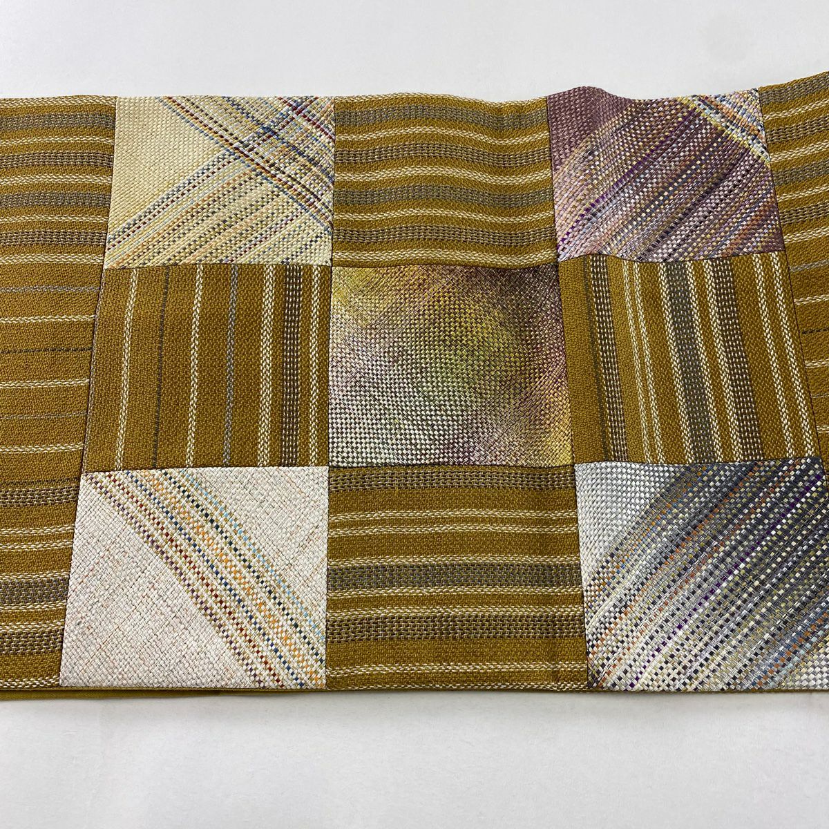 【美品】 袋帶 秀品級 市松樹市 縞 金銀彩 山吹茶 純蠶絲