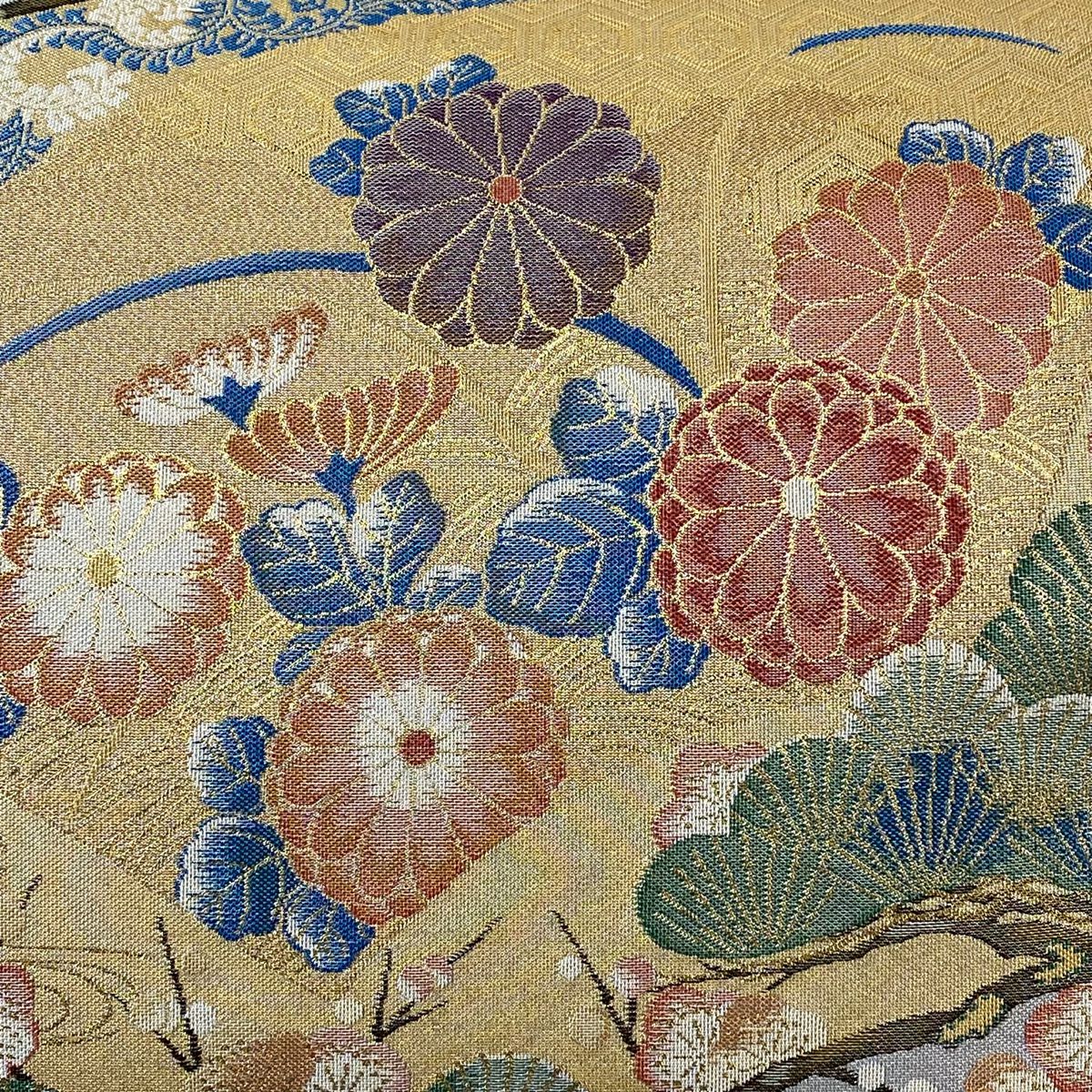 【美品】 袋帶 秀品級 扇子面 松樹 金金箔 金絲 灰色 六通 純蠶絲