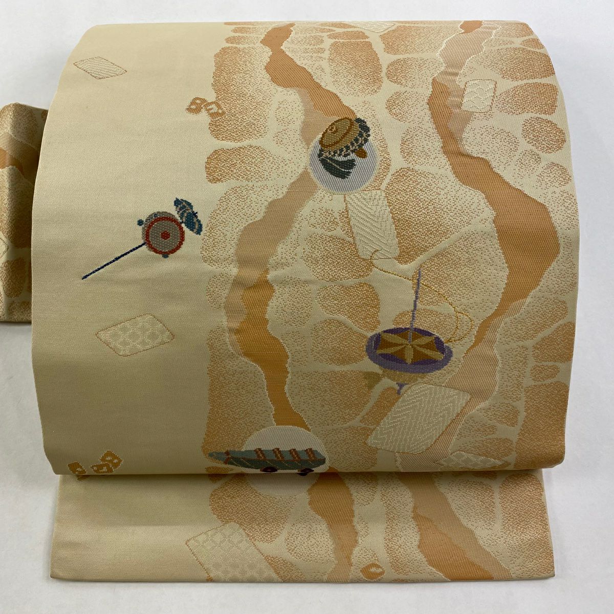 名古屋帶 秀品級 玩具 駒 金金箔 刺繡 米色 純蠶絲