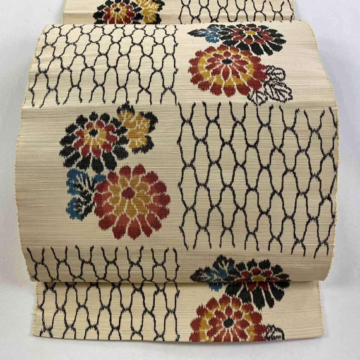 名古屋帶 秀品級 八寸名古屋帶 松樹葉仕立 菊花 網目 米色 純蠶絲