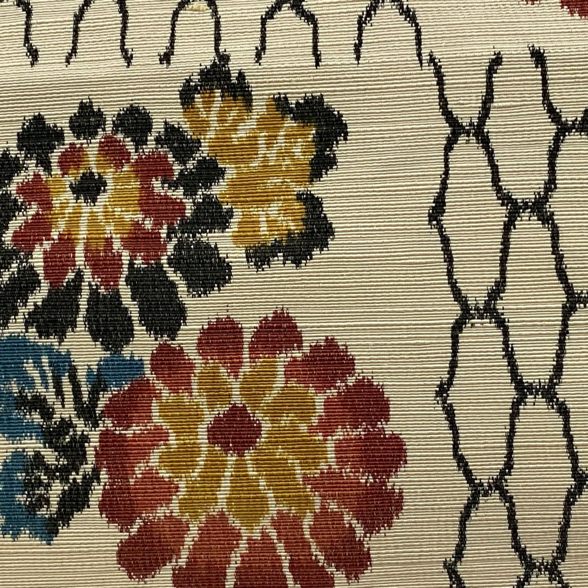 名古屋帶 秀品級 八寸名古屋帶 松樹葉仕立 菊花 網目 米色 純蠶絲