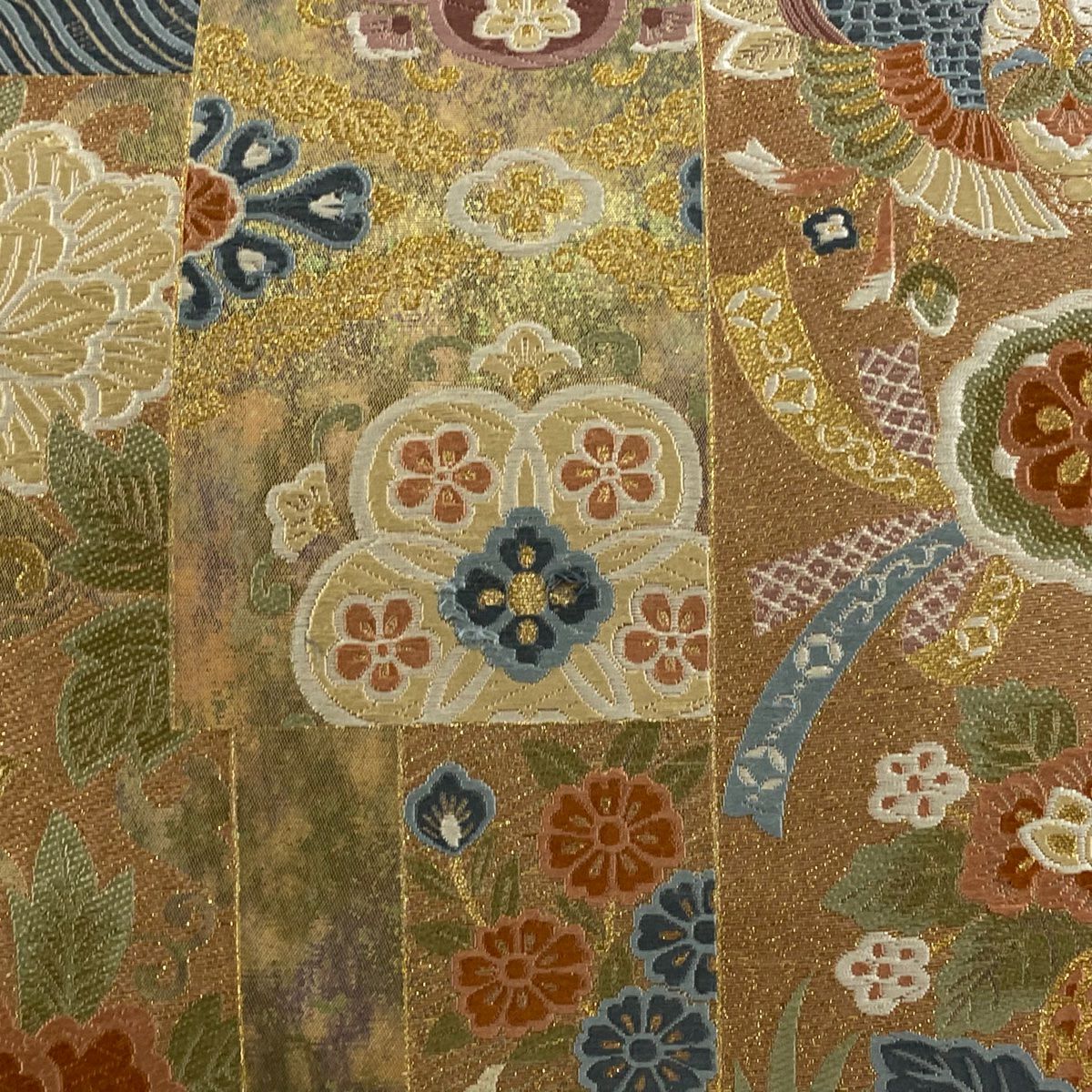 【美品】 袋帶 秀品級 向鳥 草花紋 金糸 金金箔 茶紫 六通 純蠶絲