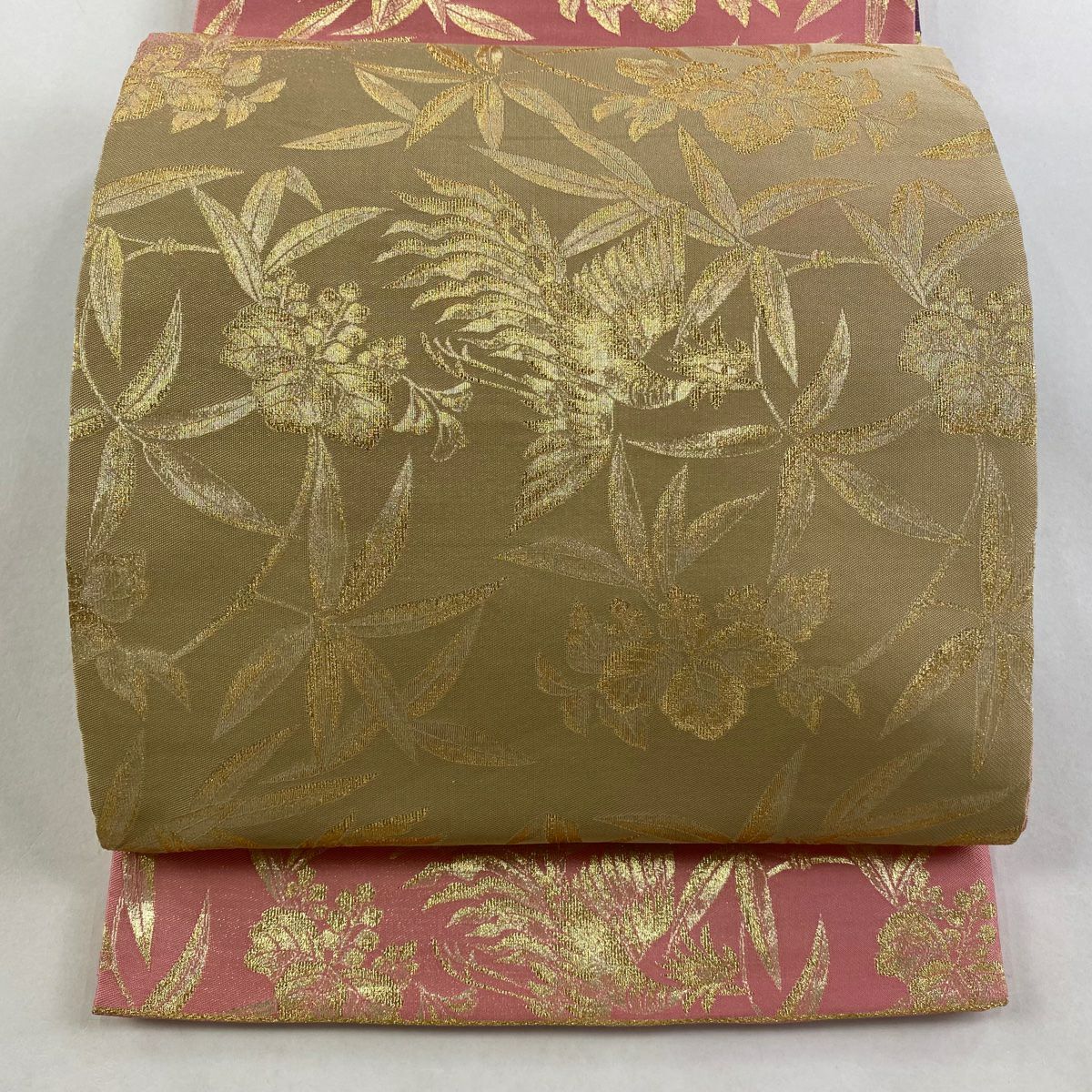 【美品】 袋帶 秀品級 關西仕立 草花紋紋 鳥 金絲 粉紅 全通 純蠶絲