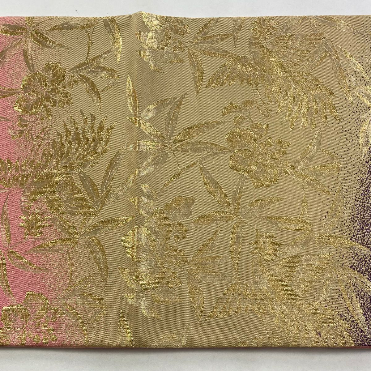 【美品】 袋帶 秀品級 關西仕立 草花紋紋 鳥 金絲 粉紅 全通 純蠶絲