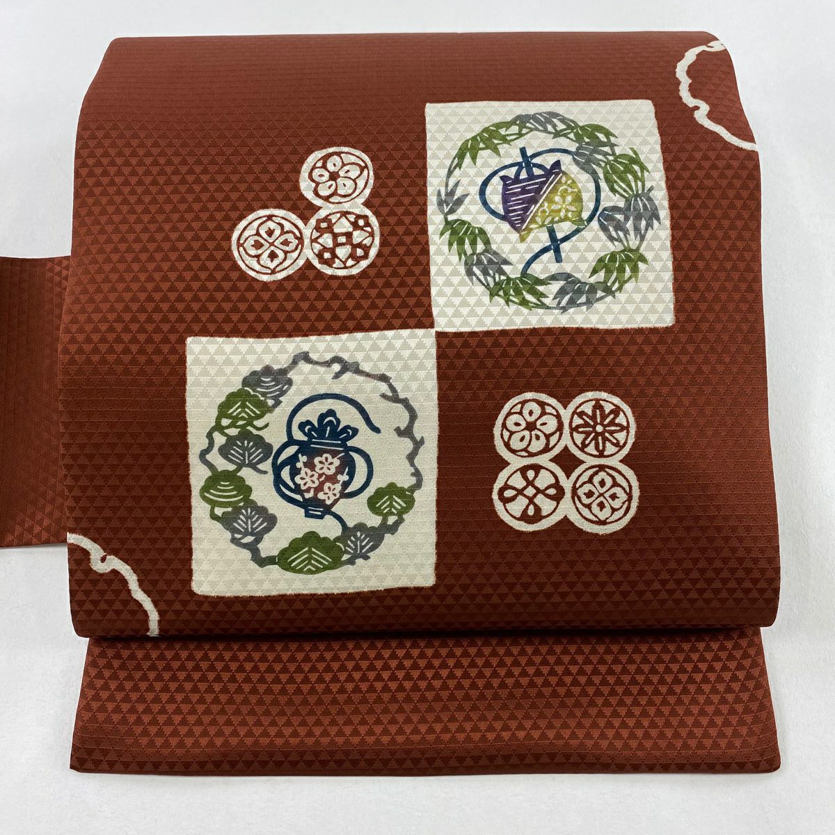 【美品】名古屋帶 秀品級 線卷 壺 紅茶 純蠶絲