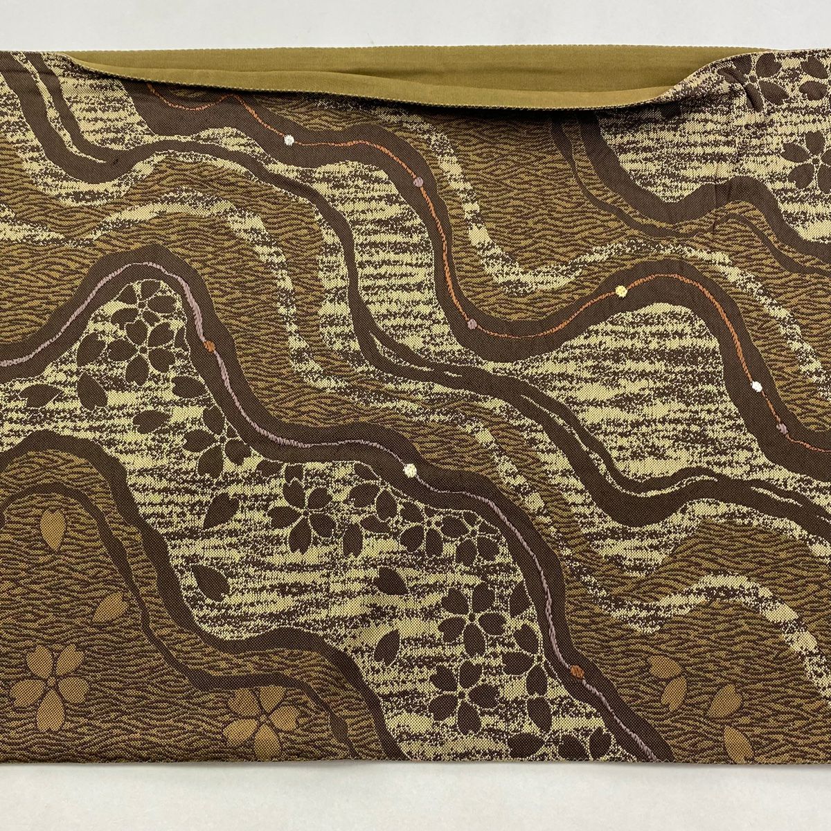 袋帶 秀品級 櫻花 幾何圖案 刺繡 金銀線 茶 六通 純蠶絲