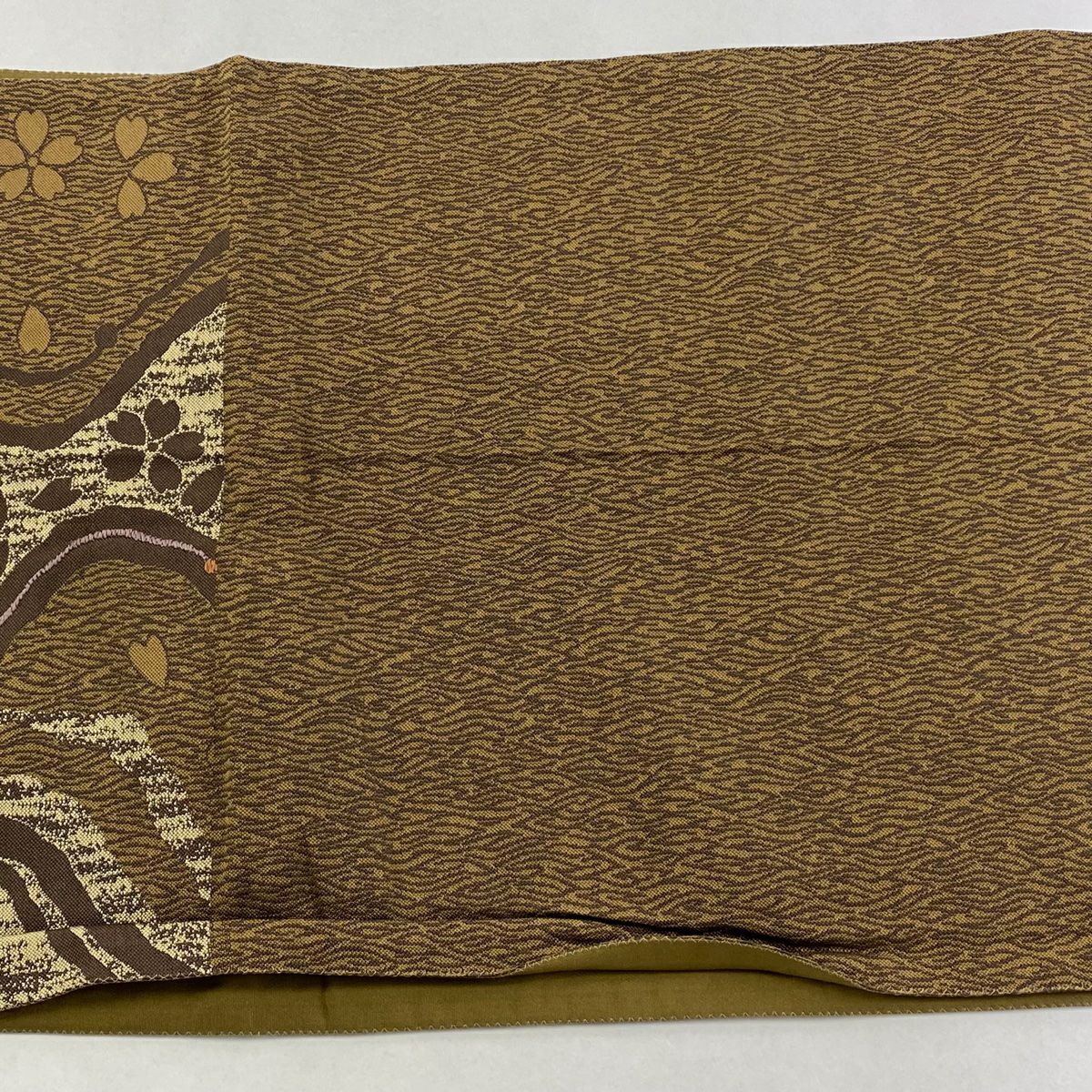 袋帶 秀品級 櫻花 幾何圖案 刺繡 金銀線 茶 六通 純蠶絲