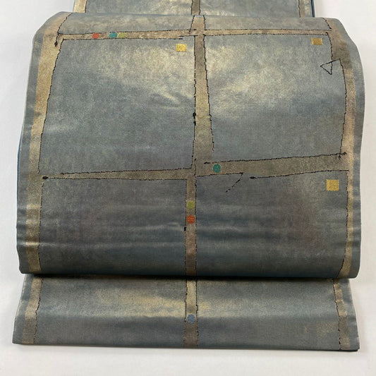 【庫存清倉】 袋帶 名品級 渡文 附落款 幾何圖案 金金箔 青灰 六通 純蠶絲