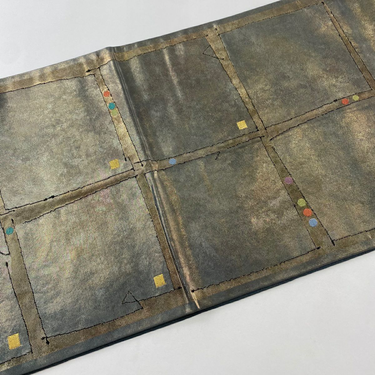 【庫存清倉】 袋帶 名品級 渡文 附落款 幾何圖案 金金箔 青灰 六通 純蠶絲